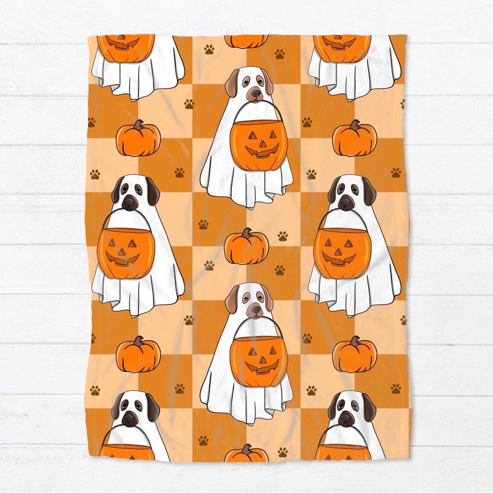 Blanket - Halloween - Dogs dressed as ghosts holding pumpkin - NEW